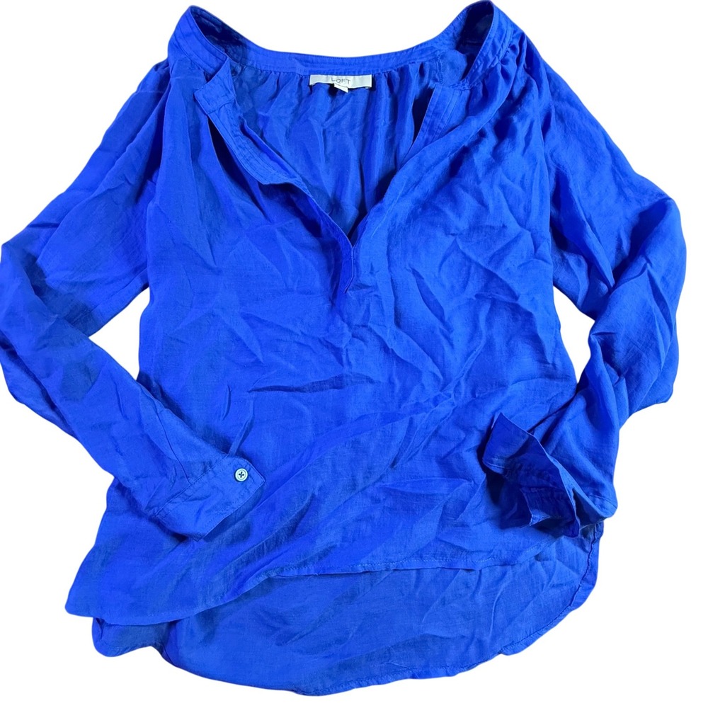Ann Taylor LOFT Cobalt Blue Long Sleeve Split Neck Blouse Top XS